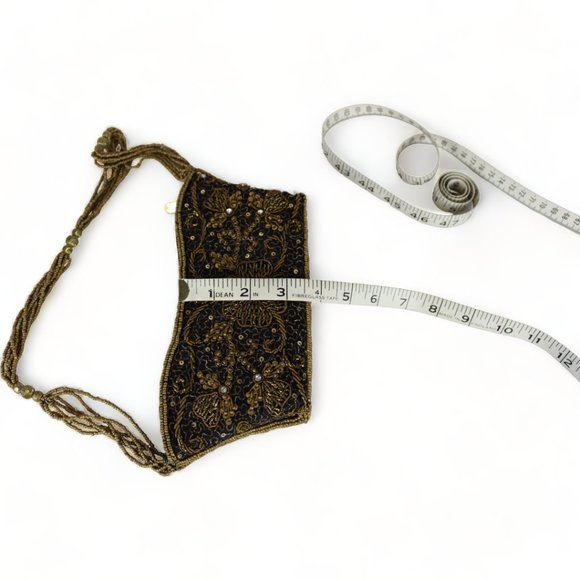 Vintage-Inspired Beaded Clutch Shoulder Bag Black Gold Zipper Closure PU82 - Picture 10 of 11